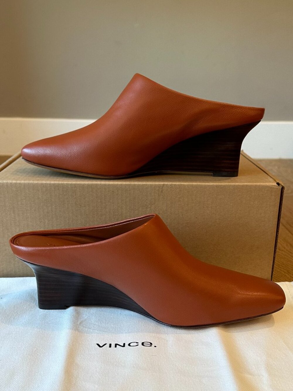Vince Leather Benita Square Toe Slip On Clog Wedge Heel Pumps (Rust Amber) - Picture 11 of 16